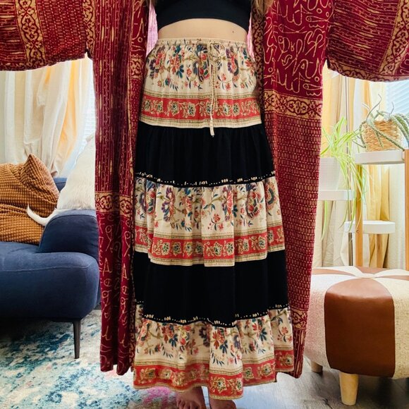 Vintage Prairie Midi Skirt 90s Ronnie Nicole Floral Beaded Flared | Size M/L - Picture 4 of 12